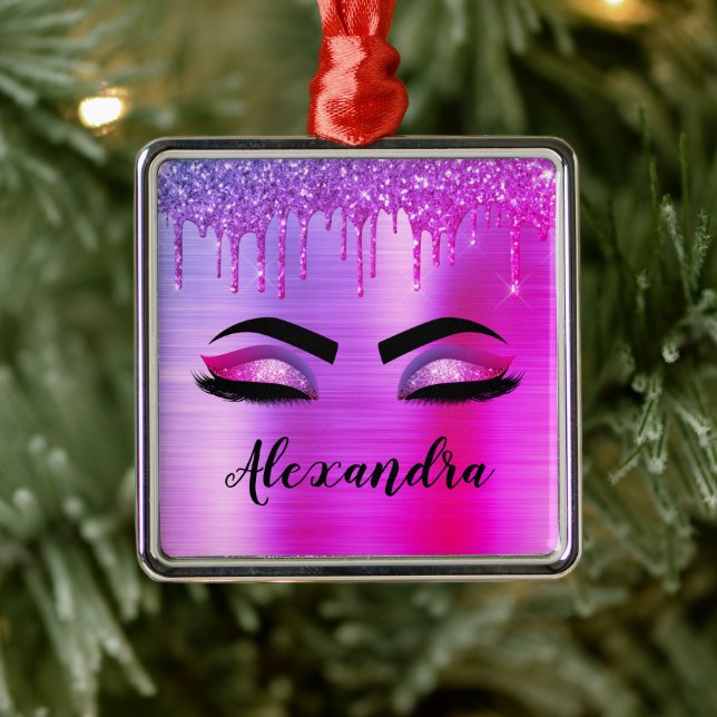 Purple Glitter Sparkle Eyelashes Monogram Name Metal Tree Decoration (Tree)