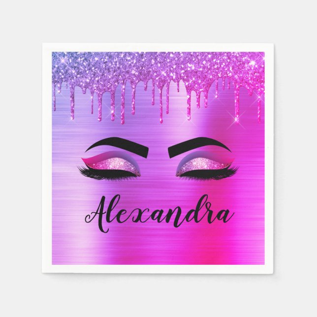 Purple Glitter Sparkle Eyelashes Monogram Name Napkin (Front)