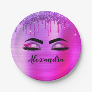 Purple Glitter Sparkle Eyelashes Monogram Name Paper Plate