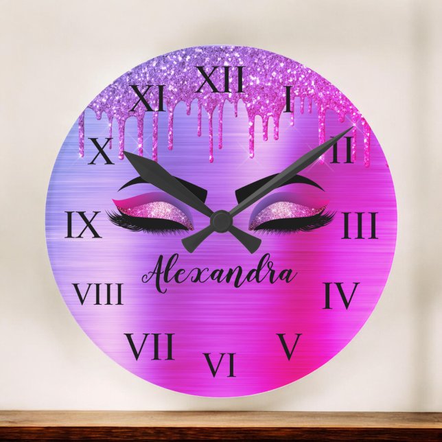 Purple Glitter Sparkle Eyelashes Monogram Name Round Clock (Creator Uploaded)