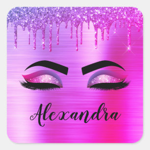 Purple Glitter Sparkle Eyelashes Monogram Name Square Sticker