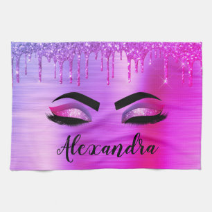Purple Glitter Sparkle Eyelashes Monogram Name Tea Towel