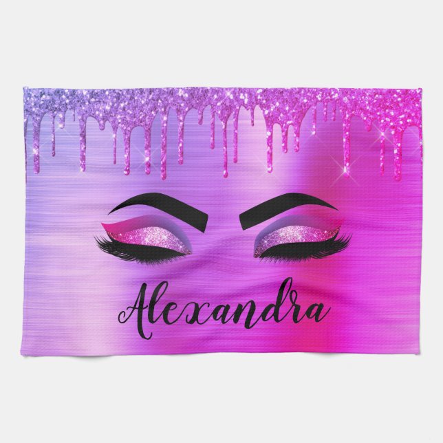 Purple Glitter Sparkle Eyelashes Monogram Name Tea Towel (Horizontal)