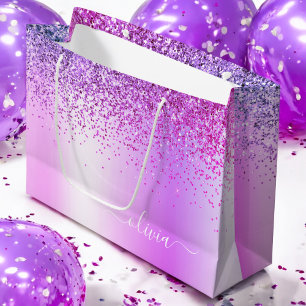 Purple Glitter Sparkle Metal Monogram Name Large Gift Bag