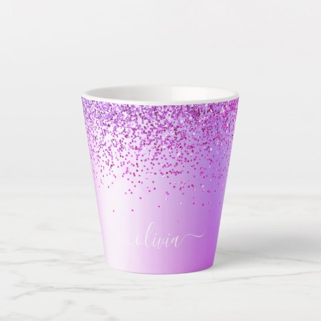 Purple Glitter Sparkle Metal Monogram Name Latte Mug (Front)