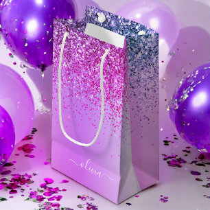 Purple Glitter Sparkle Metal Monogram Name Small Gift Bag