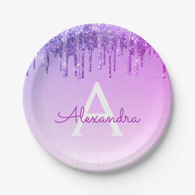 Purple Glitter & Sparkle Monogram Birthday Paper Plate (Front)