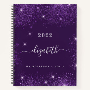 Purple glitter sparkles name script  notebook