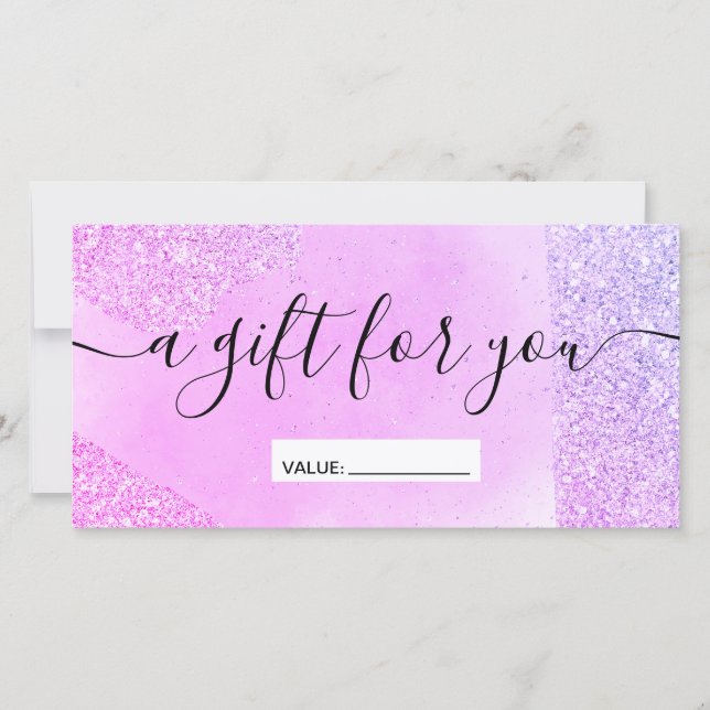 Purple glitter sparkles pink chic gift certificate (Front)