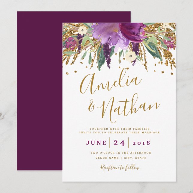 Purple Glitter Sparkling Amethyst Wedding Invitation (Front/Back)