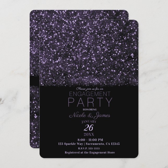 Purple Glitter Sparkling Lights Engagement Party Invitation (Front/Back)