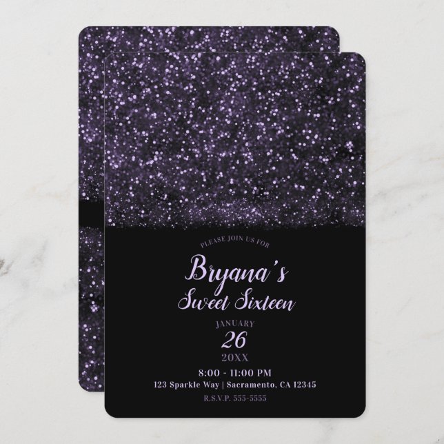 Purple Glitter Sparkling Lights Sweet 16 Party Invitation (Front/Back)