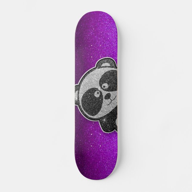 Purple Glitter Sparkly Black White Panda Sparkle Skateboard (Front)