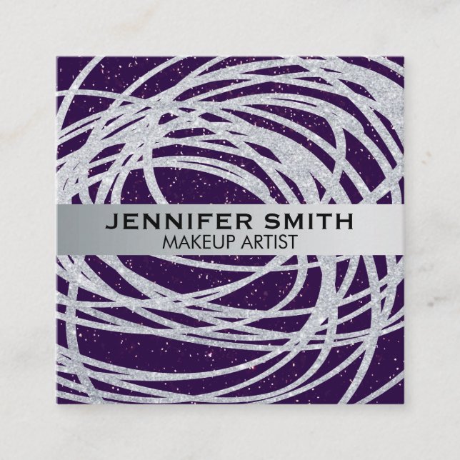 Purple Glitter Speckles | Silver Glitter Scribble Square Business Card (Front)
