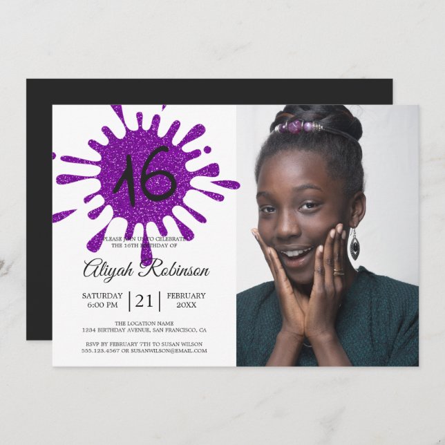 Purple Glitter Splash Sweet 16 16th Birthday Party Invitation (Front/Back)