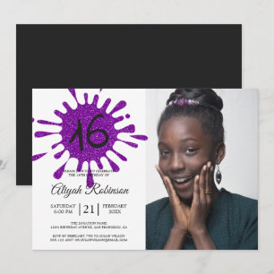 Purple Glitter Splash Sweet 16 16th Birthday Party Invitation