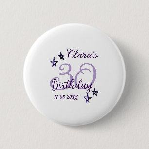 Purple glitter stars 30th birthday modern retro 6 cm round badge