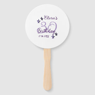 Purple glitter stars 30th birthday modern retro hand fan