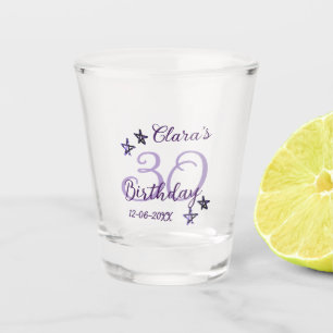 Purple glitter stars 30th birthday modern retro shot glass