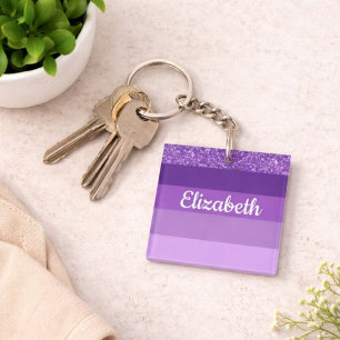 Purple Glitter Striped Monogram Key Ring