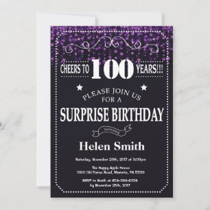 Purple Glitter Surprise 100th Birthday Invitation