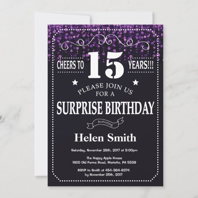 Purple Glitter Surprise 15th Birthday Invitation (Front)