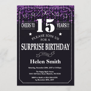 Purple Glitter Surprise 15th Birthday Invitation