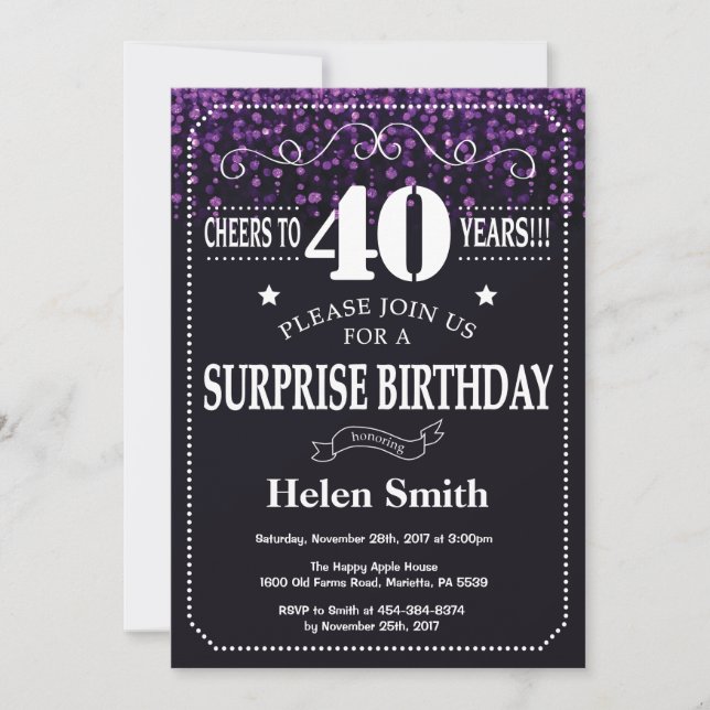 Purple Glitter Surprise 40th Birthday Invitation (Front)