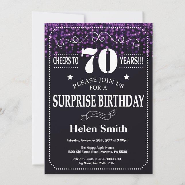 Purple Glitter Surprise 70th Birthday Invitation (Front)