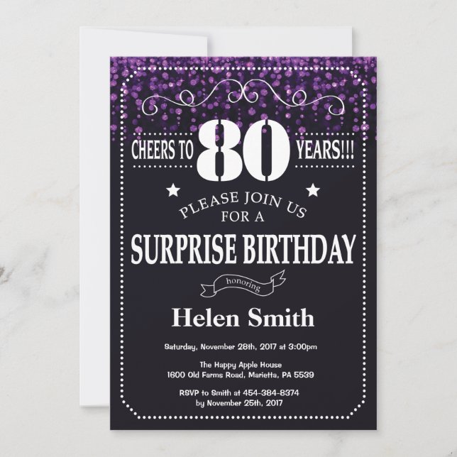 Purple Glitter Surprise 80th Birthday Invitation (Front)
