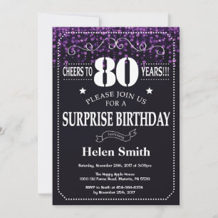 Purple Glitter Surprise 80th Birthday Invitation