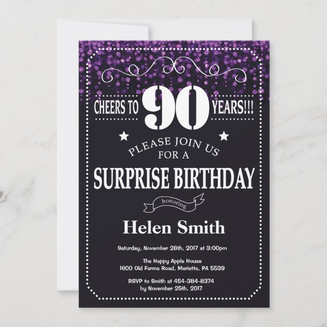 Purple Glitter Surprise 90th Birthday Invitation (Front)