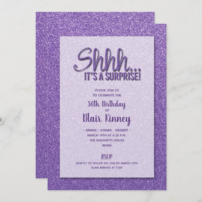 Purple Glitter SURPRISE Birthday Invitation (Front/Back)