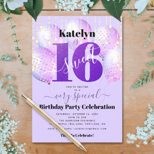 Purple Glitter Sweet 16 Birthday Balloons Modern Invitation