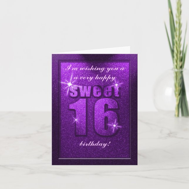Purple Glitter Sweet 16 Birthday Party Card (Front)