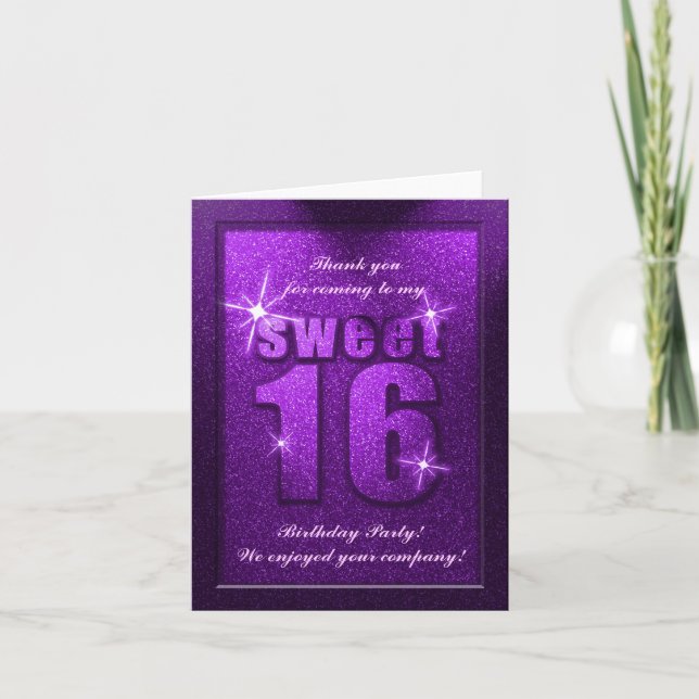 Purple Glitter Sweet 16 Birthday Thank You Card (Front)
