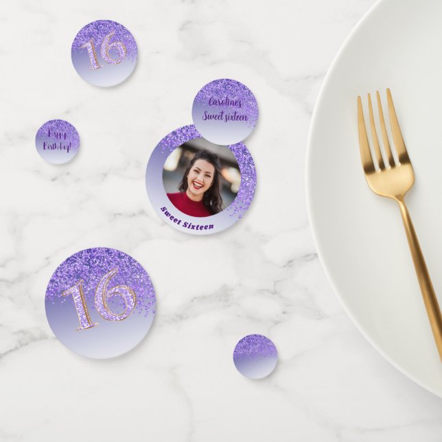Purple Glitter Sweet 16 Birthday with Photo Confetti (Group)