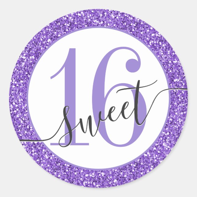 Purple Glitter Sweet 16 Favour Sticker Seal (Front)