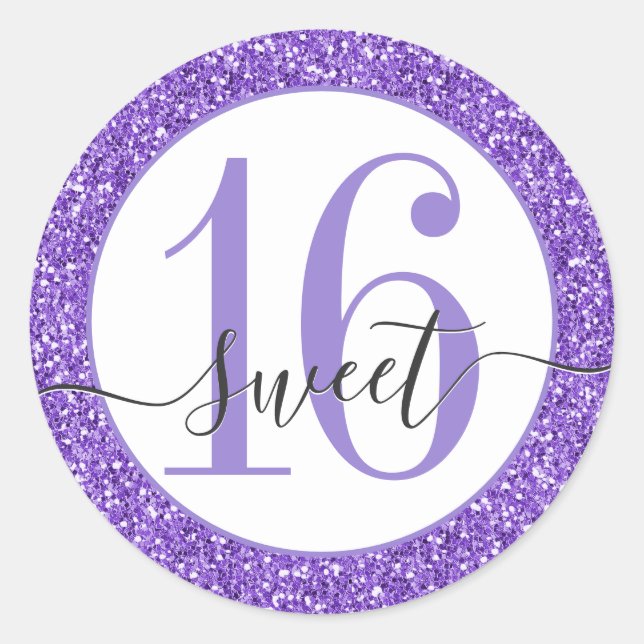 Purple Glitter Sweet 16 Favour Sticker Seal (Front)