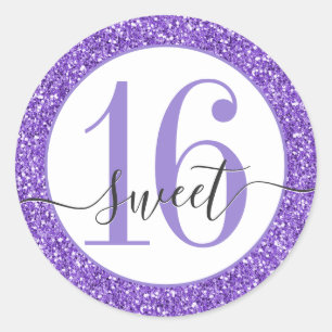 Purple Glitter Sweet 16 Favour Sticker Seal