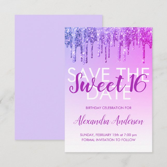Purple Glitter Sweet 16 Save the Date Invitation (Front/Back)