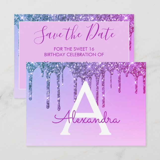 Purple Glitter Sweet 16 Save the Date Invitation (Front/Back)