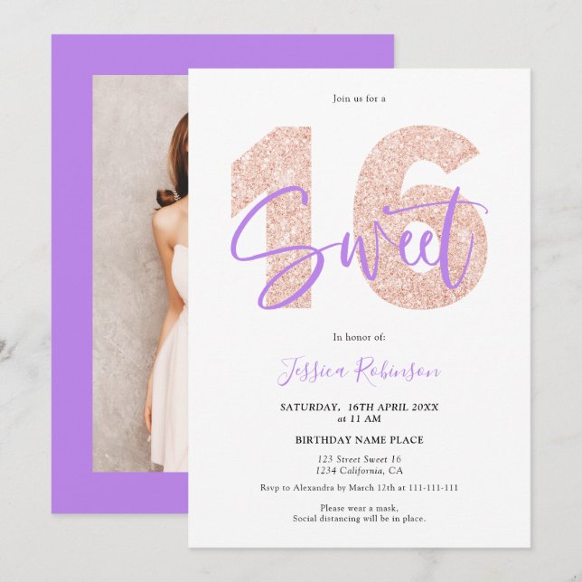 Purple glitter Sweet 16 script photo birthday Invitation (Front/Back)