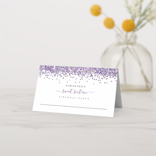 Purple Glitter Sweet Sixteen Birthday Place Card (Front)