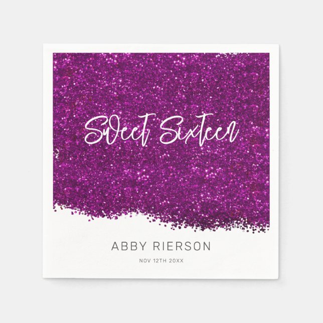 Purple Glitter Sweet Sixteen Custom Name Napkin (Front)