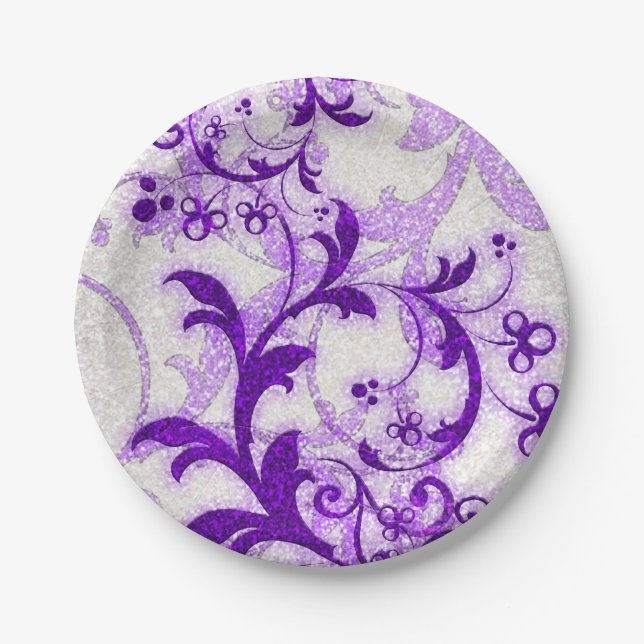 Purple glitter swirls girly pattern paper plates (Front)