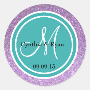 Purple Glitter & Teal Blue Wedding Monogram Classic Round Sticker