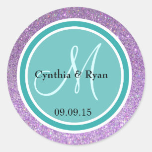 Purple Glitter & Teal Green Wedding Monogram Classic Round Sticker