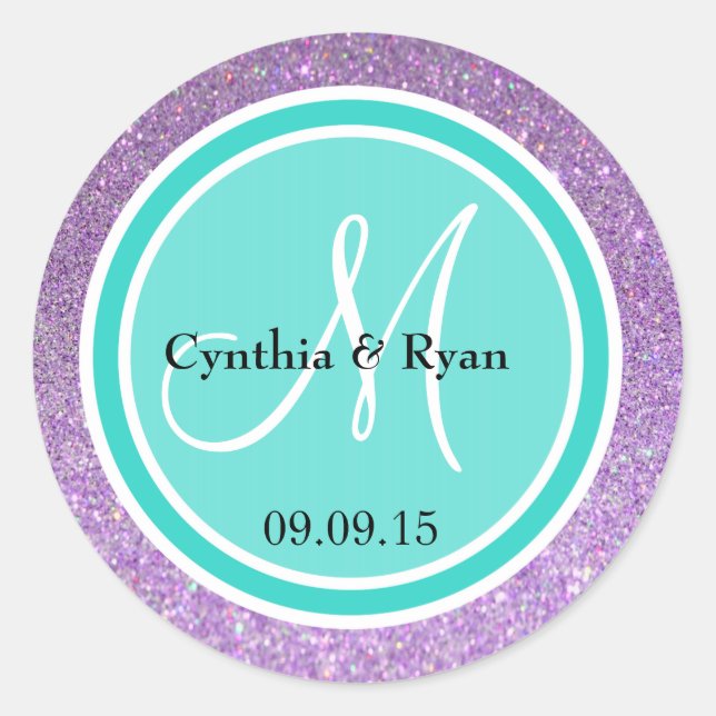 Purple Glitter & Turquoise Wedding Monogram Label (Front)