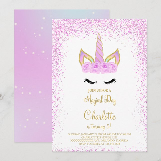 Purple Glitter Unicorn Birthday Invite (Front/Back)